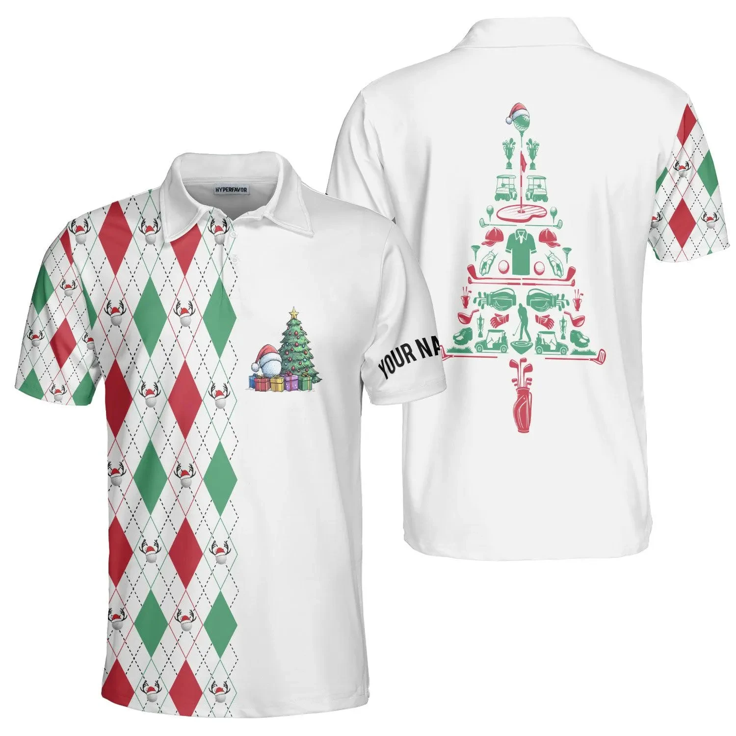 Christmas Golf Polo Shirt, Print, Santa Hat Golf Ball, Holiday Tournament Tee, Xmas Gift for Golfer Dad, Personalized Name