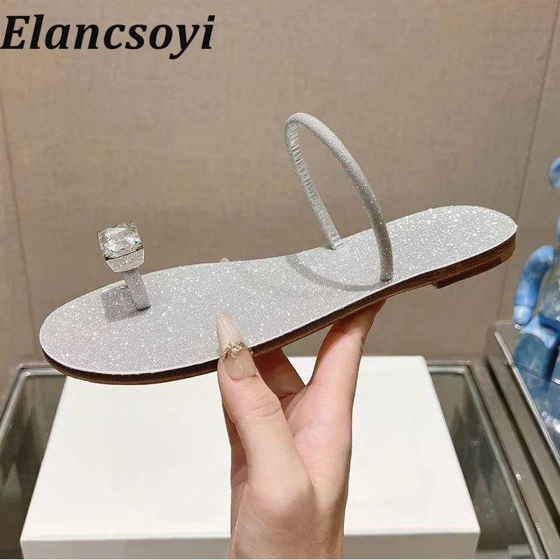 New summer rhinestone decorated solid color women's thumb sandals with exposed toes simple solid color vacation beach sandals