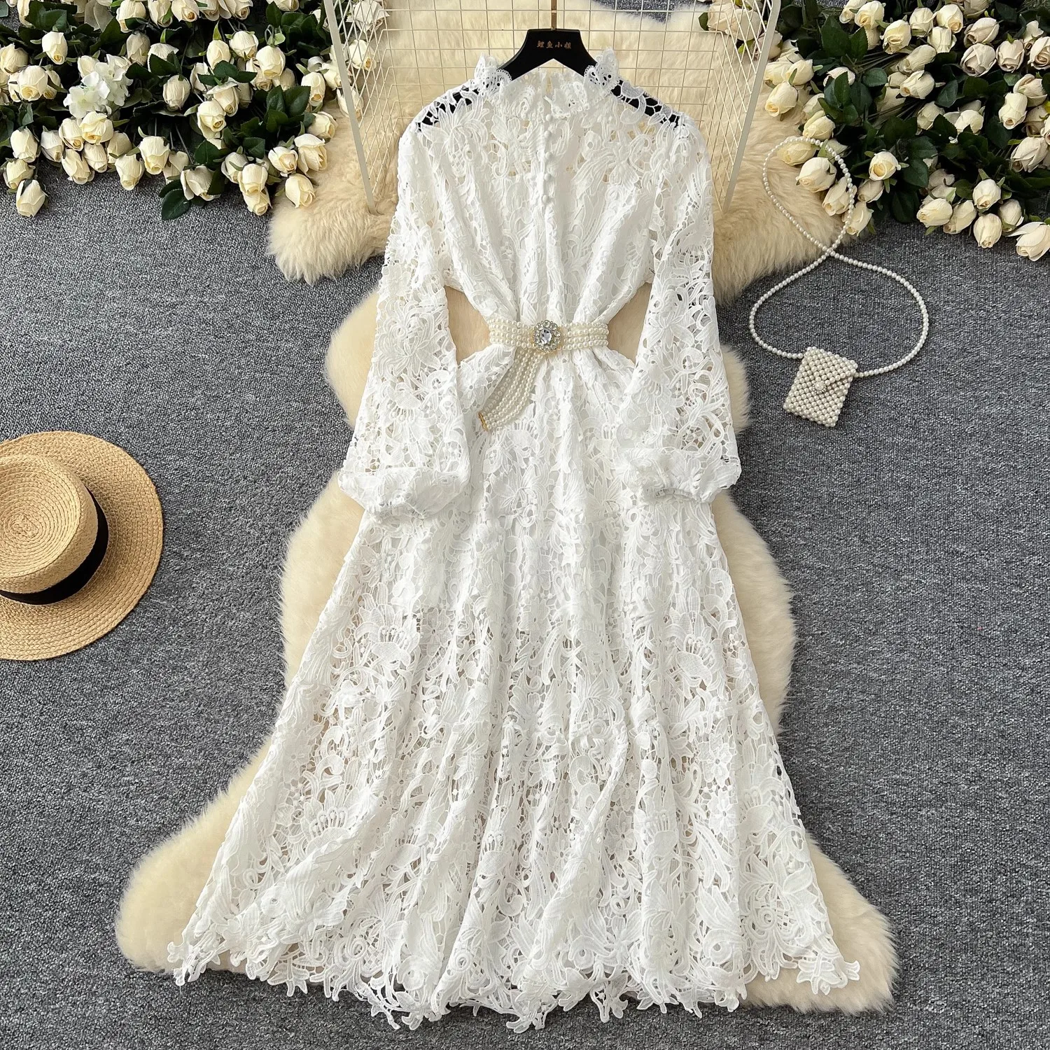 Autumn Crochet Flower Hollow Out Embroidery Lace Dress Women's Stand Collar High Waist Pearl Belt Chic Prom Party Vestidos