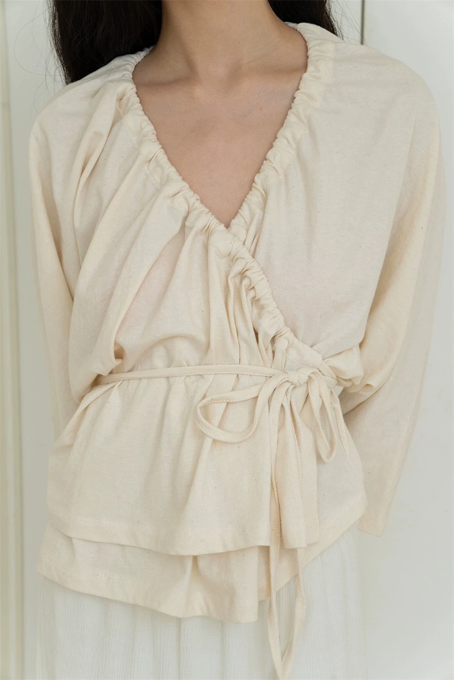 

Ele Pure Cotton Cross Tie irt Top Women's Summer New Sle Commute Sle Loose Fit Long Sve V-Ne Color