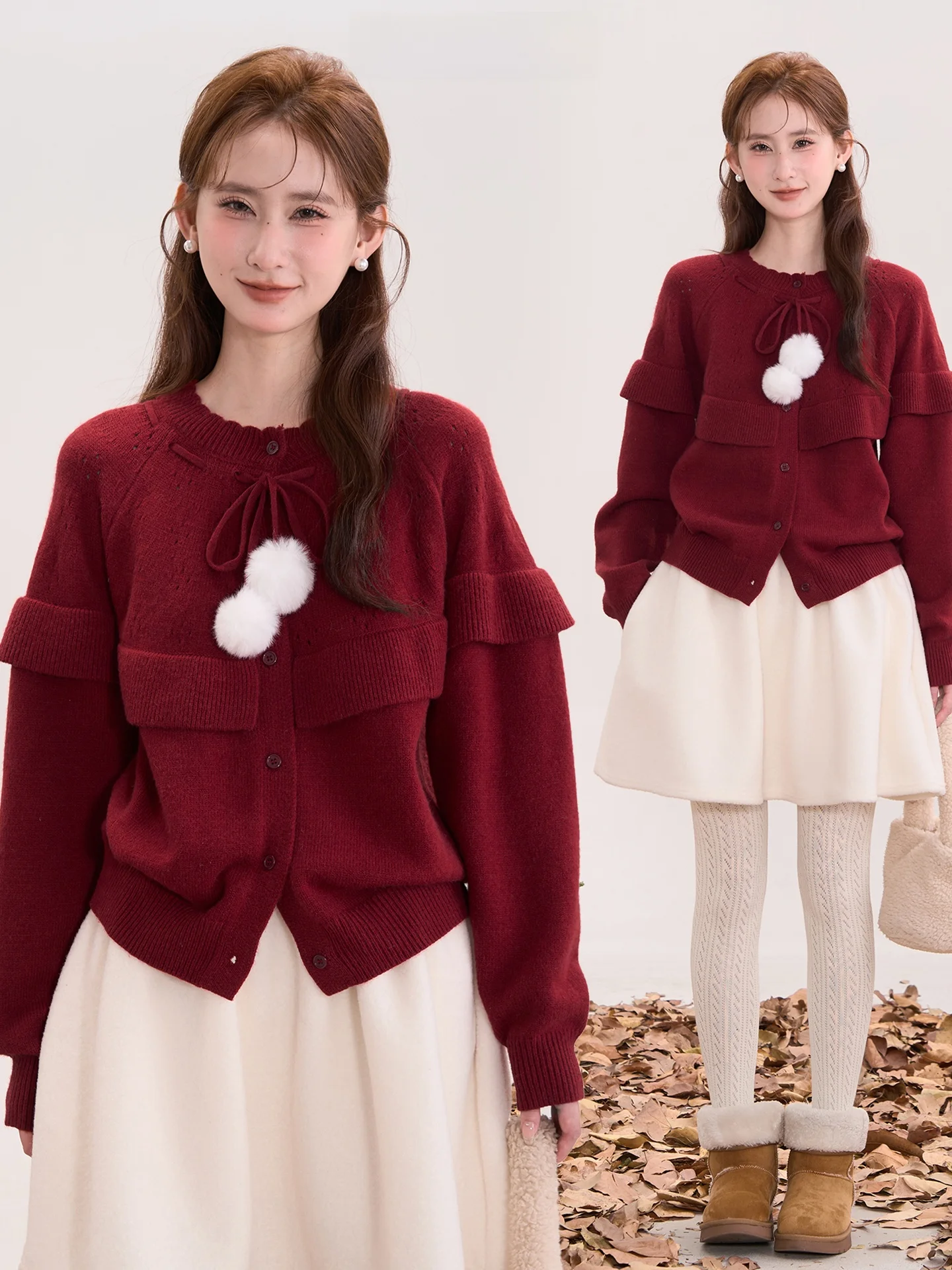 

Princess Style Long Sleeve Sweater with Ruffle Hem And Belt Women's Thickened Winter Cardigan Fake Two-Piece Rose Nebula Spli...