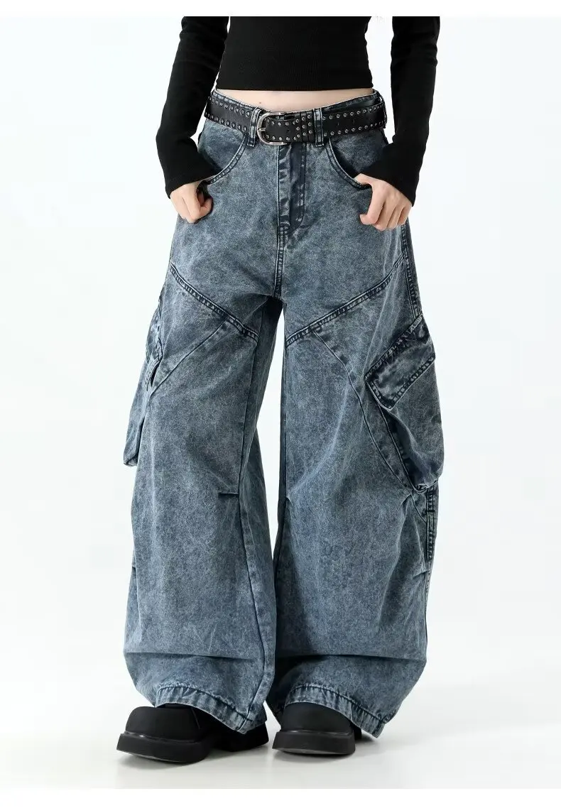 Vintage Washed Jeans Heavy Industry Washed Jeans For Men And Women Multi-Pocket Loose Wide-Leg Hip-Hop Gothic Scimitar Jeans