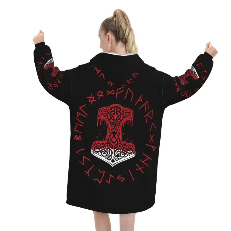 Red Viking Mjolnir and Norse Rune Wheel Wearable Blanket Hoodie Women Oversized Pullover Sweatshirt Fleece Sherpa Hooded Blanket