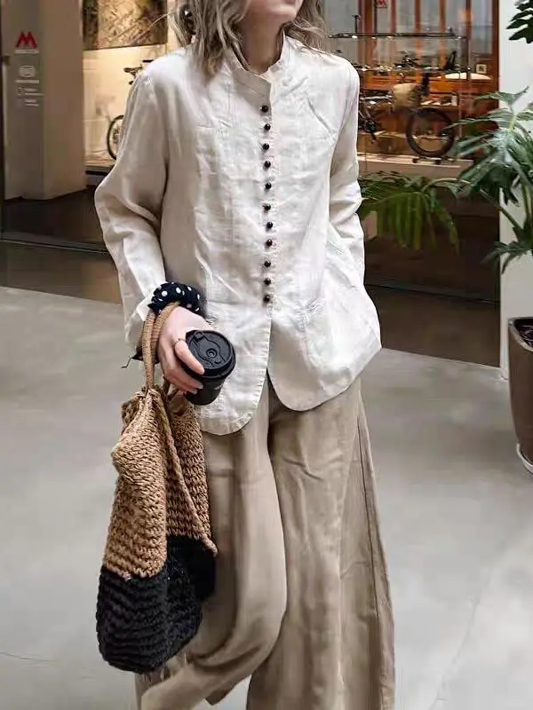 

New Chinese Style Large Size Long Sleeve Stand Collar Shirt Cardigan Outerwear Women's Premium Fashion Summer 2026 Cotton Blend