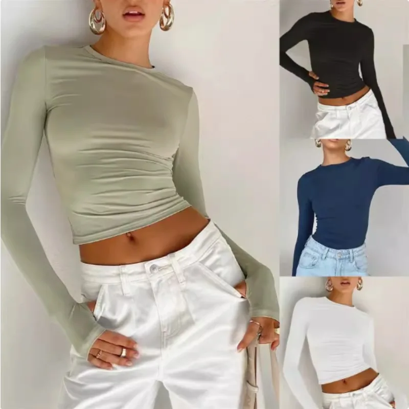 

ins niche spicy girl y2k basic bottoming hundred net version round neck thin modal long sleeve t-shirt