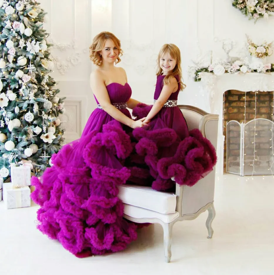 

Fancy Baby Girl Dress Purple Ruffles Mother and Daughter Matching Dress Baby and Mom Gowns Birthday Dress Photoshoot