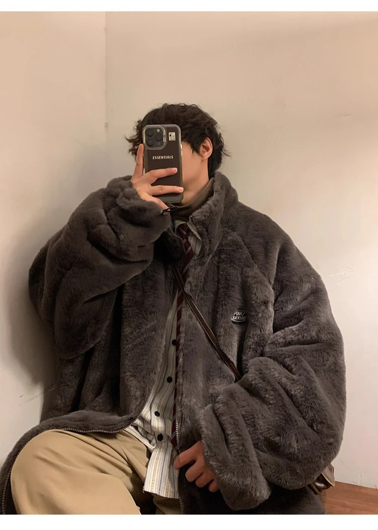 2025 الشتاء الرجال عكسها الصوف مبطن سميكة صوف الضأن معطف رمادي خمر فضفاض المشمش سترة قطن عادية #6