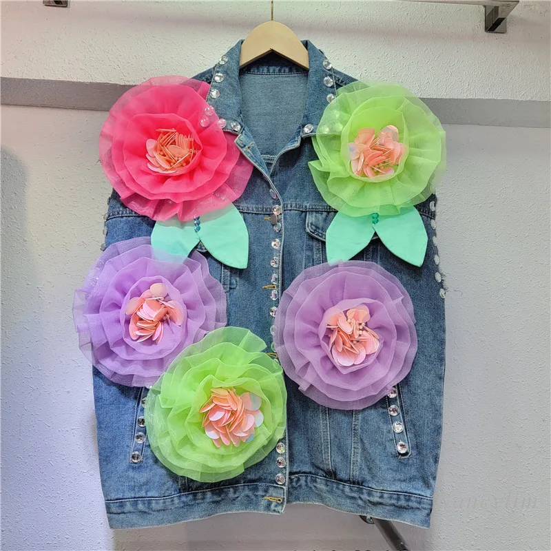 

2024 Spring Women's Denim Vest New Heavy Industry Large Flower Decorative Vests Street Beaded Design Loose Y2k Waistcoat Top