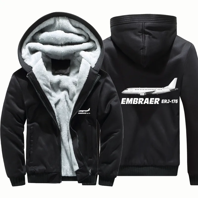 New Aviation Pilots Flight The Embraer ERJ-175 Wool Fleece Warm Zipper Hooded Thick Hoodies Sweatshirts Men Coat Jackets