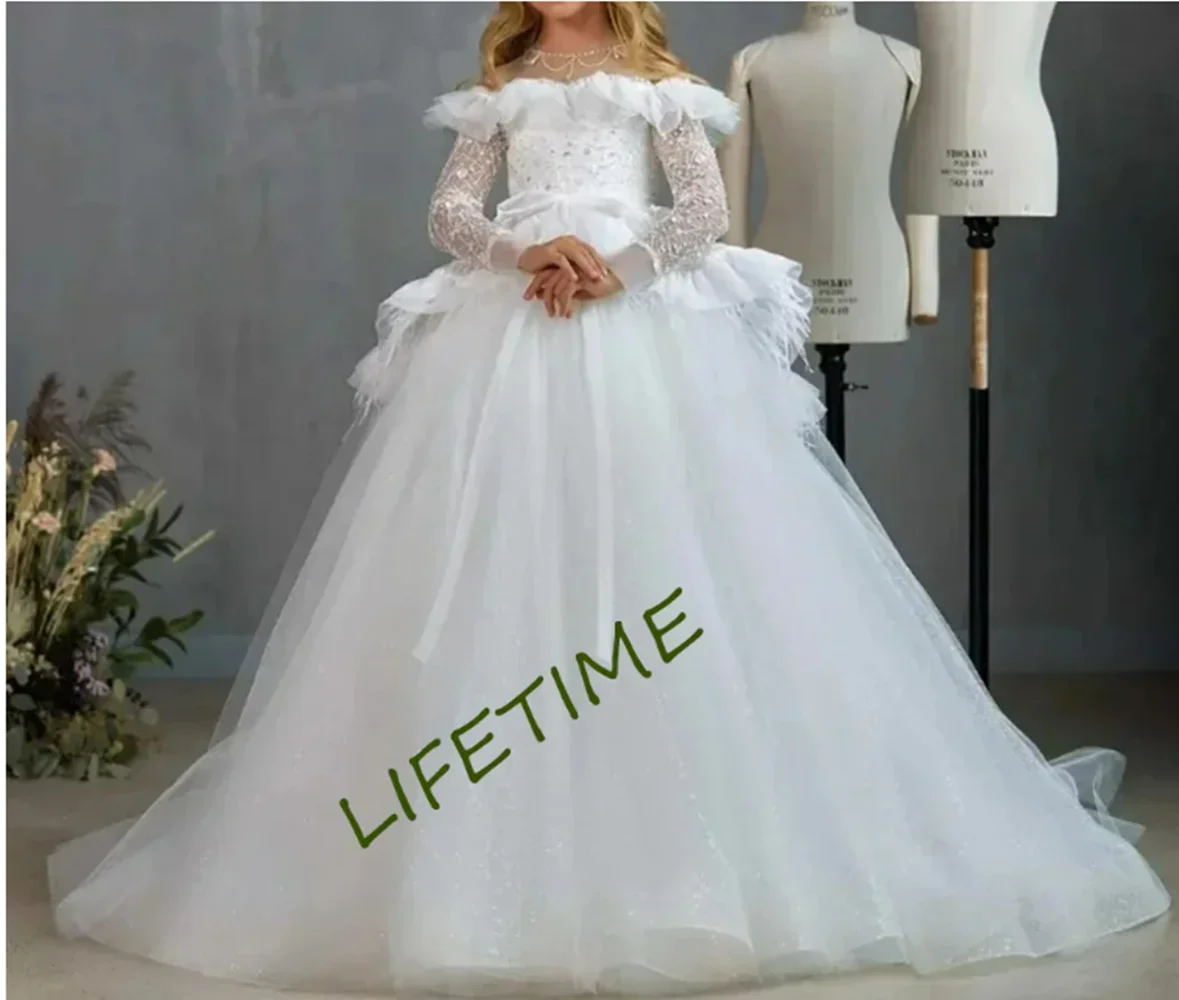 

Flower Girl Dresses White Tulle Flory Pattern With Bow Short Sleeve For Wedding Party Birthday First Communion Gowns