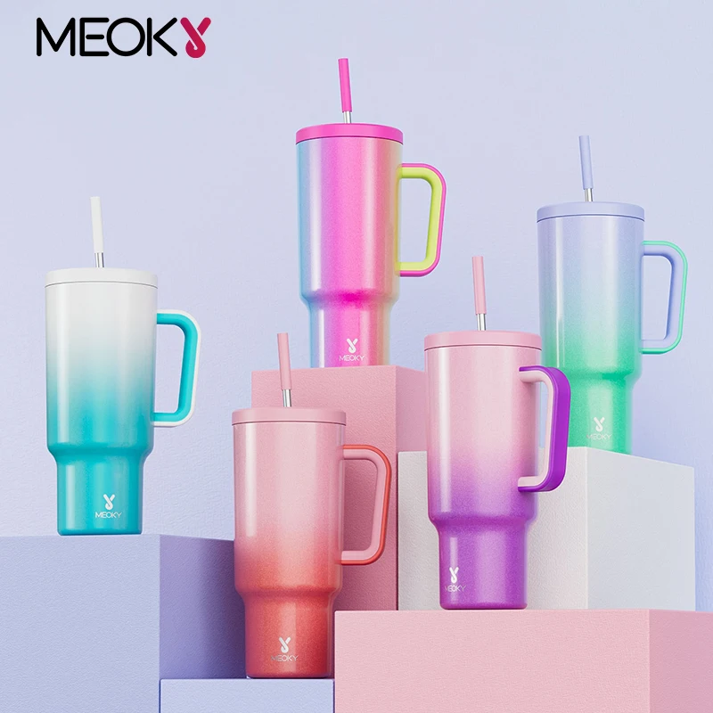 Meoky-taza de 40oz con asa, pajita de acero inoxidable, taza de café con múltiples impresiones, botella de agua de viaje, taza para coche a prueba