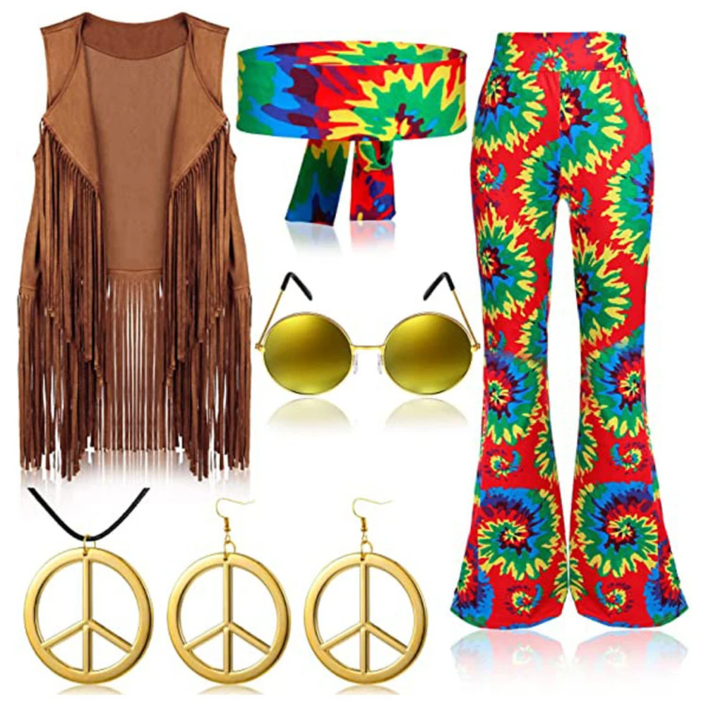 

Women Peace Love Girls Hip Indian Retro Hippie Disco 60s 70s Cosplay Costume Tassels Vest Pants Cardigan Halloween Stage Party