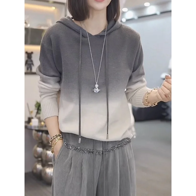 Gradient Hooded Drawstring Sweater Sweater in Autumn and Winter New Korean Loose Long-sleeved Pullover Top