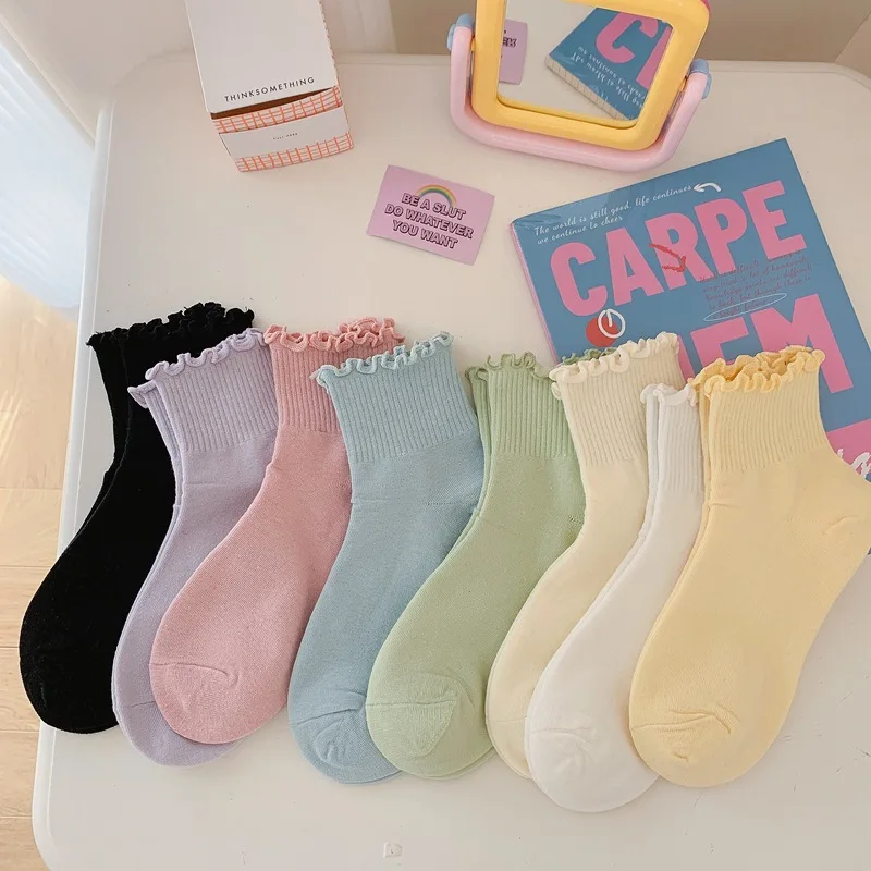 

Women's Socks Cotton Spring Summer Casual Korean Preppy Style Solid Color Unisex Ruffles Sock Short Soft Sports Sox 10 Pairs