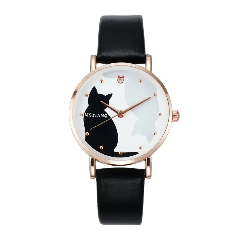 Cute Cartoon Cat Women Watch Students Korean Style Simple Belt Quartz Women Watch Leather Strap No Bracelet or Box Relogio Mujer