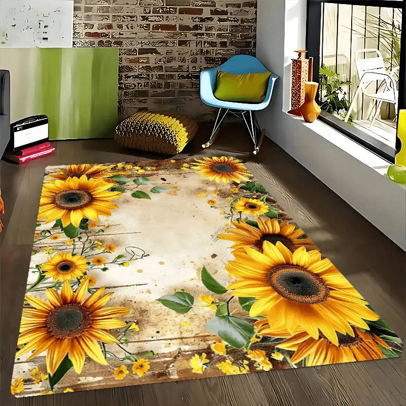 VIKAMA Vintage Sunflower Aged Printed Large Carpet, Anti-Slip Washable Floor Mat for Living Room Farmhouse Decor