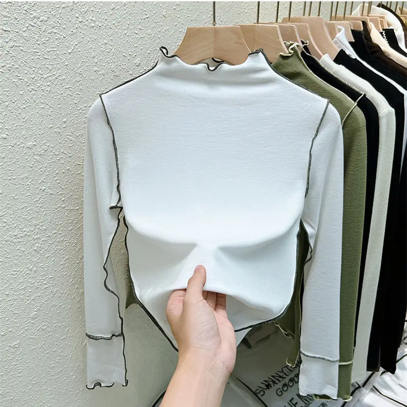 2023 New Autumn Korean Fashion Vintage Office Lady Casual Aesthetic Elegant Grace T-shirt Solid Color Turtlenecks Top Women