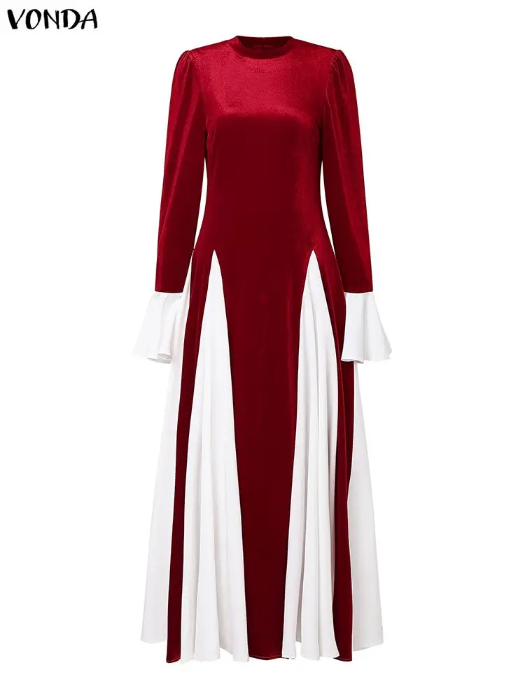

VONDA элегантные вечерние бархатные платья с длинными рукавами, женские цветные лоскутные платья, осень-зима, длинный халат макси, женское свадебное платье