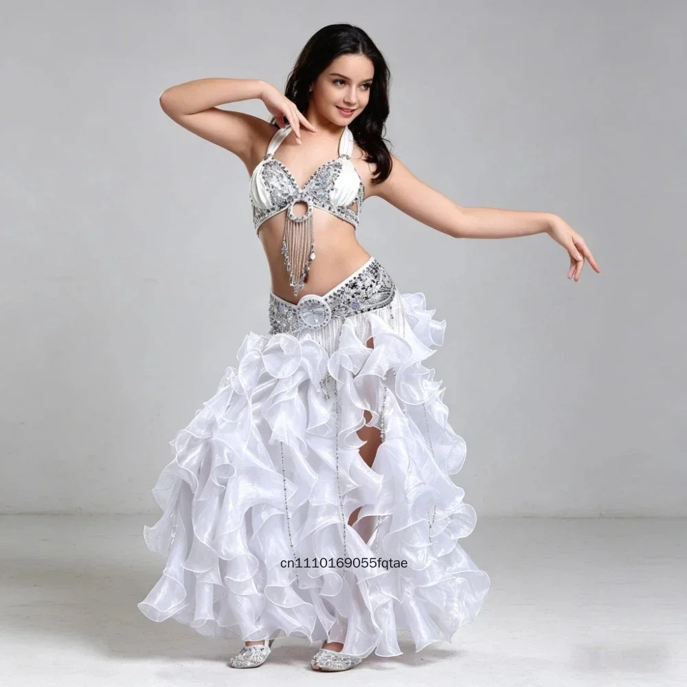 3Pcs Children Stage Dancing Outfit Kids Girls Oriental Belly Dance Performance Costume Set Beaded Sequin Bra Belt Skirt