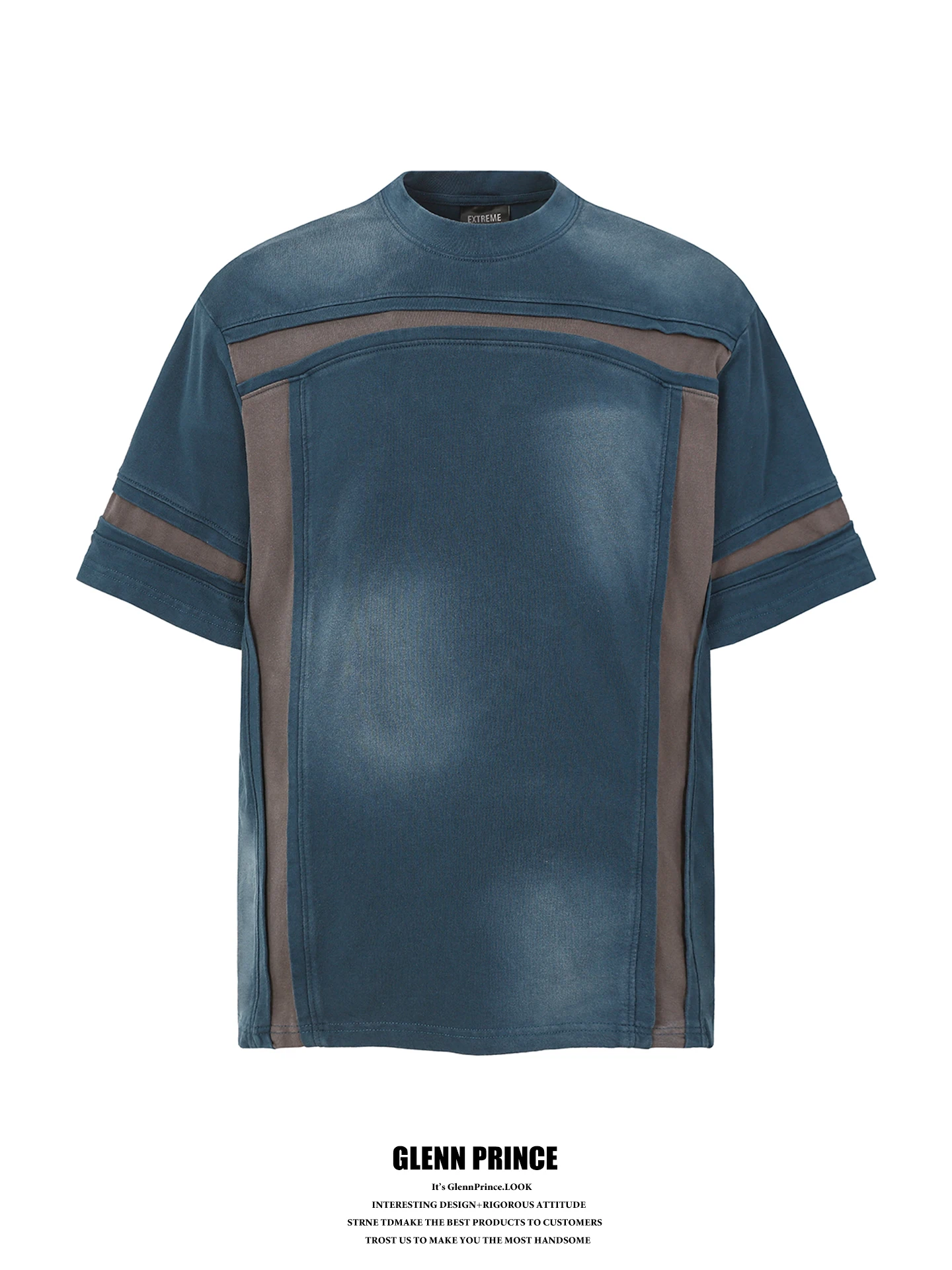 

GPstudio American Washed Color Block Structure Short Sleeve T-Shirt Men's Loose Top Fashionable Casual Cotton Tee for Youth