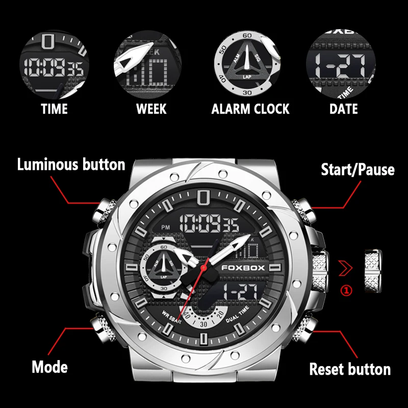 FOXBOX Top Brand Watches Luxury Men Quartz Waterproof Digital Wristwatch Fashion Military Mens Watch Luminous Clock Reloj Hombre