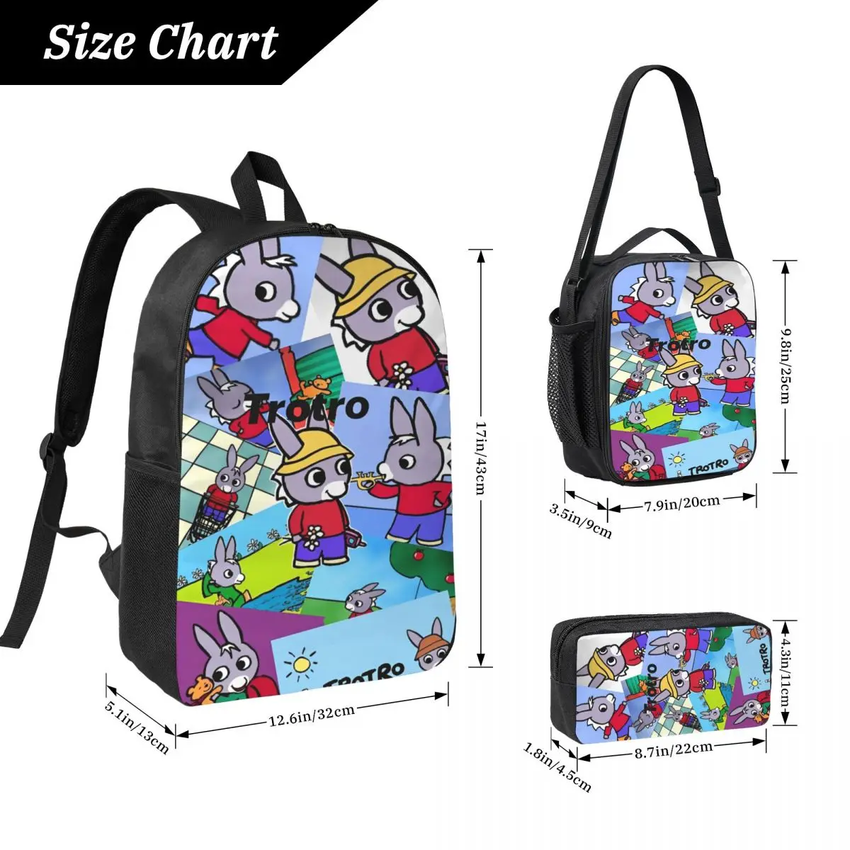 3Pcs Trotro Cartoon merch Backpack Set for Girls Boys Pencil Boxes Bookbag Sets with Lunch Box For School Students Knapsack