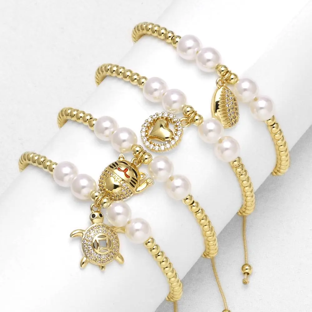 Pulseras de corazón de gato de la suerte chapadas en oro para mujer, pulseras de tortuga de concha de cristal CZ, joyería barata al por mayor brth13
