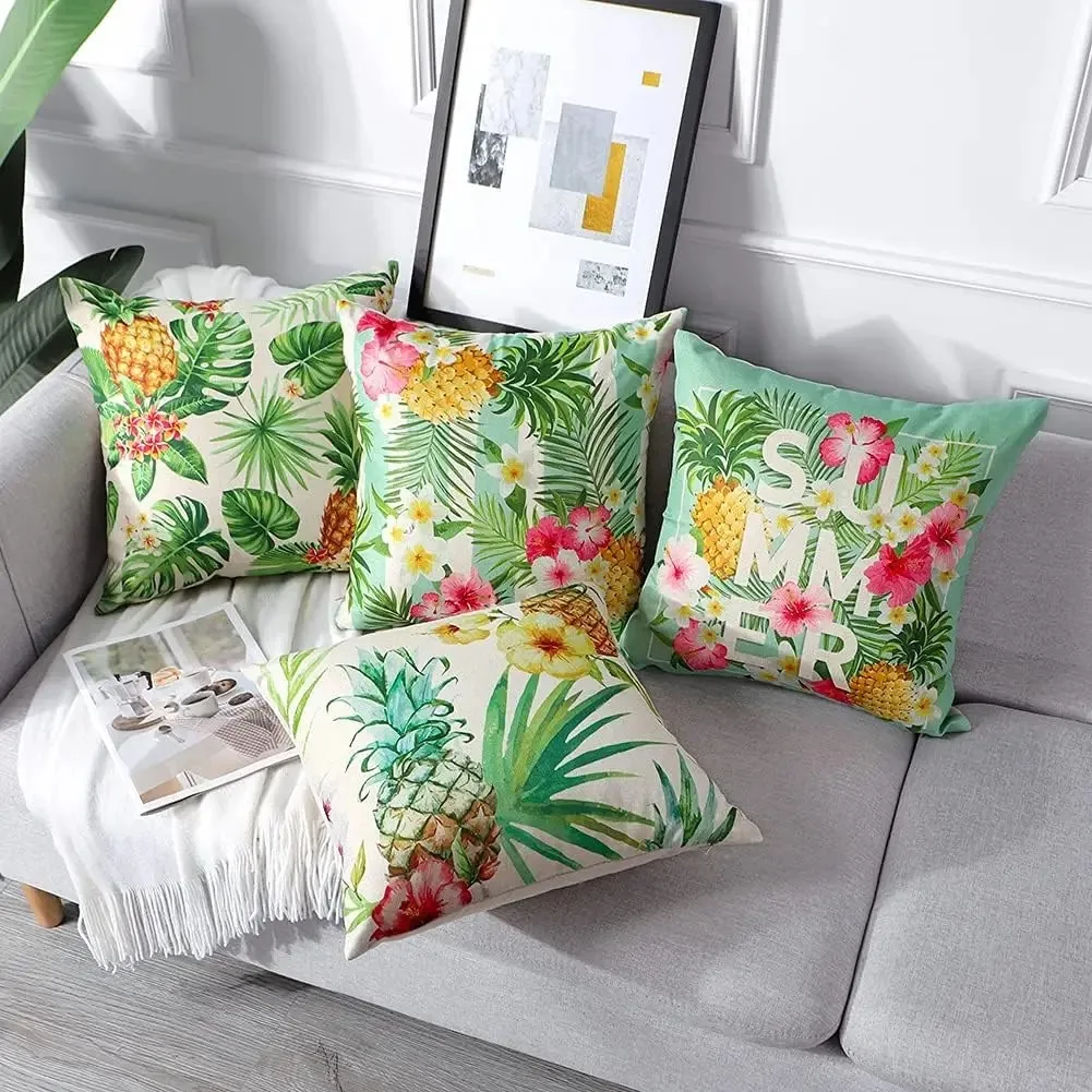 of 4 Decorative Throw Pillow Covers, Tropical Plants and Pineapple Pattern Waterproof Cushion Covers, Perfect to Outdoor Patio