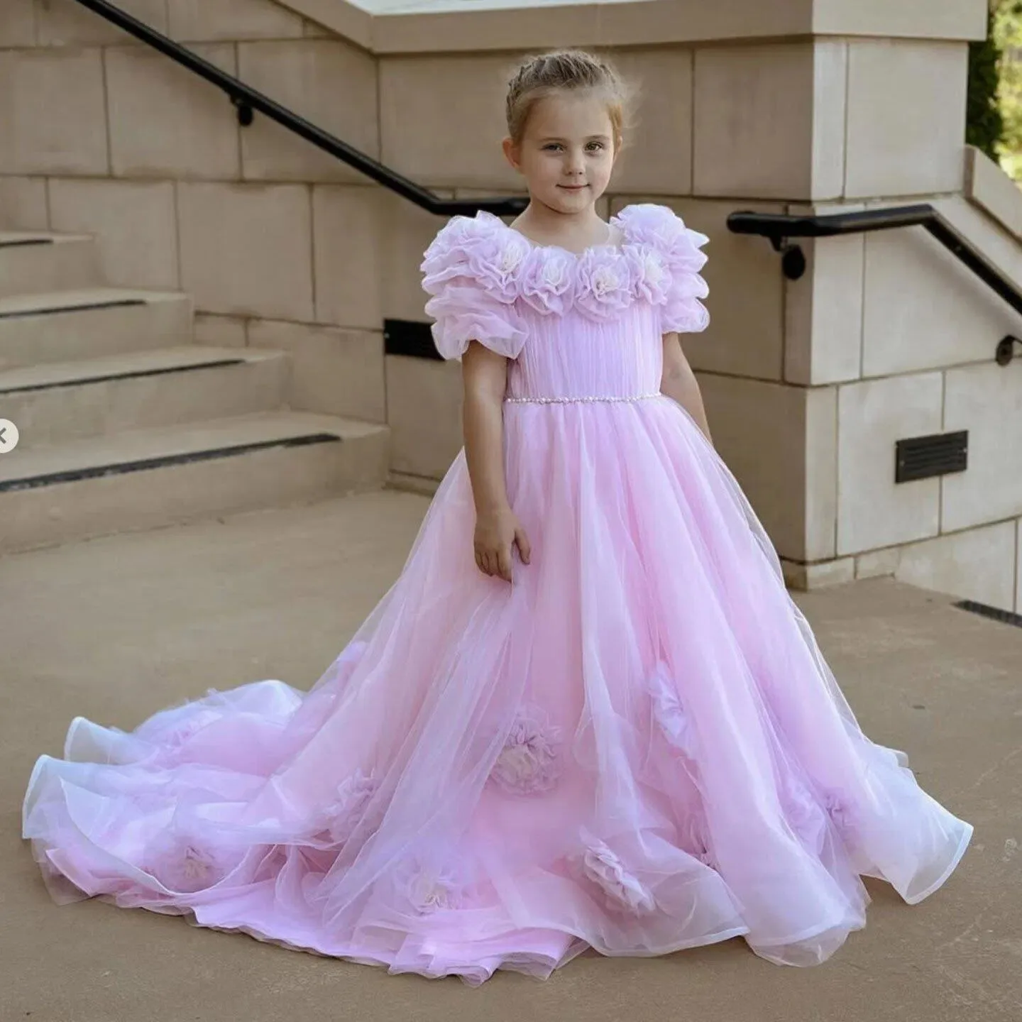 Customized Light Luxury Mesh Flower Girl Dress One-shoulder Diamond Beaded Waist Three-dimensional Floral Tail Princess Dress
