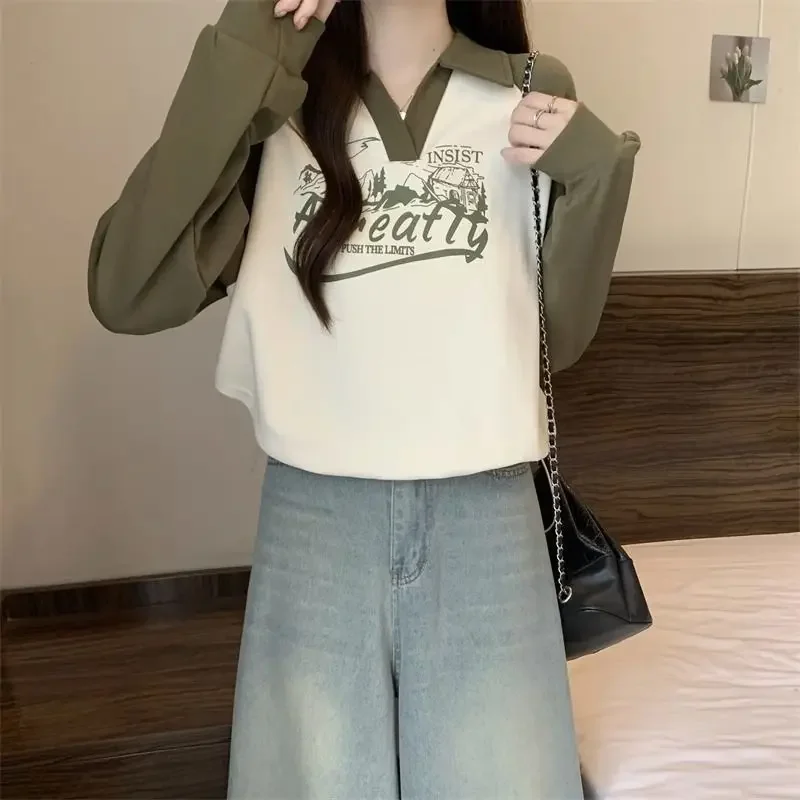 

Women's Polo Collar Outerwear Loose Fit Fashionable Spring Autumn T-shirt Slimming Effect American Retro Thin Sweatshirt