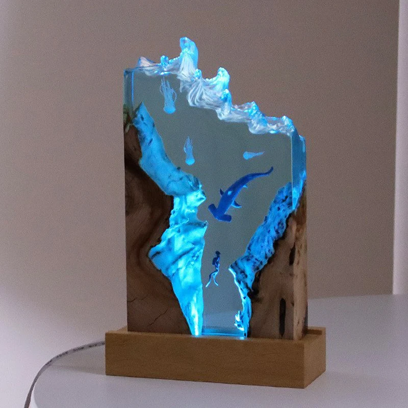 Lampe de Table en Résine avec Organisme du Monde Sous-Marin, Veilleuse à Thème de Requin Plongeur, Art Créatif, Décoration, Diversification, Charge USB