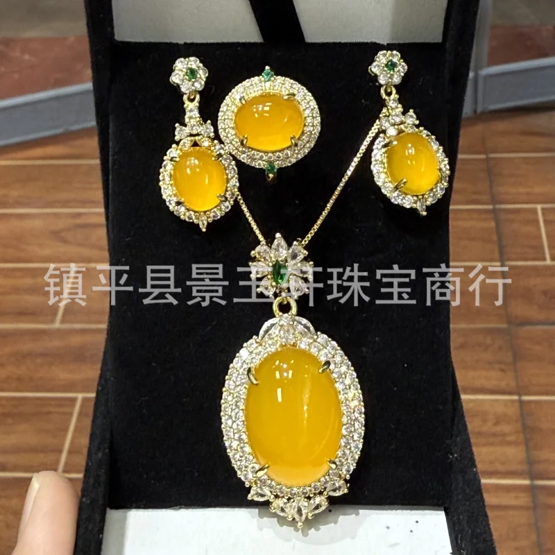 Gaobing 925 Silver Plated Inlaid Yellow Chalcedony New Drop Three-Piece Set Multiple Options Available Jade