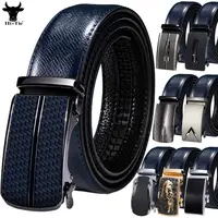 Cinturones de cuero de vaca azul para hombre, hebillas automáticas, cinturón de cintura de trinquete, vestido, Jeans, traje, pantalones, regalo, marca de alta calidad