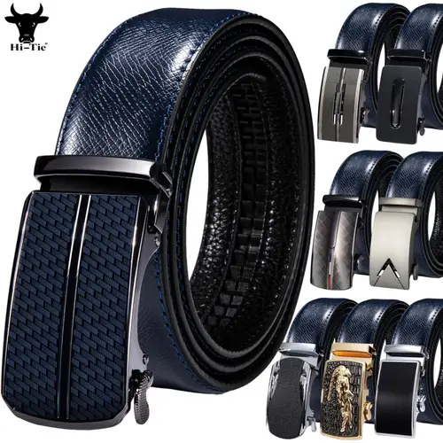 Imagen 1 del producto Cinturones de cuero de vaca azul para hombre, hebillas automáticas, cinturón de cintura de trinquete, vestido, Jeans, traje, pantalones, regalo, marca de alta calidad