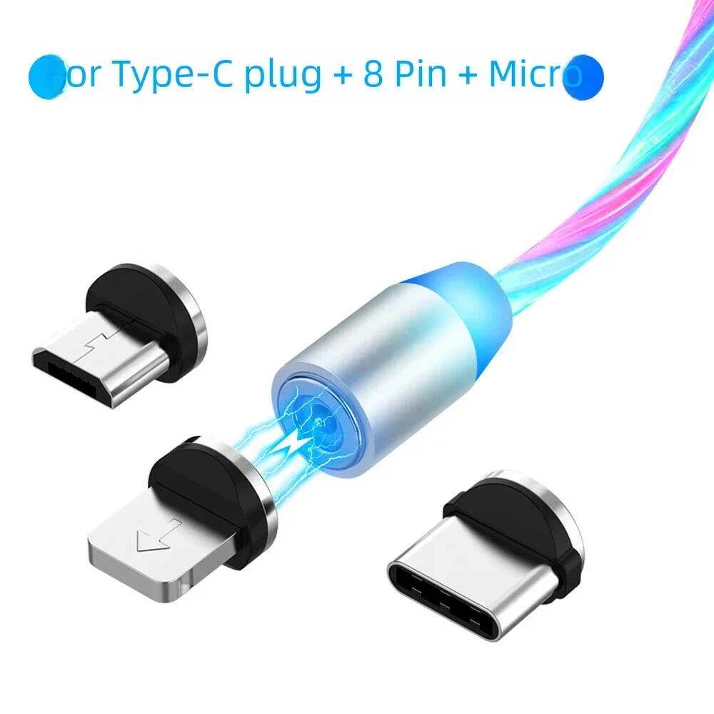 MVQF 3in1 Magnetic Flow Luminous Lighting Charging Mobile Phone Cable Cord Charger Wire for IOS Micro Type-C LED Samaung HUAWEI