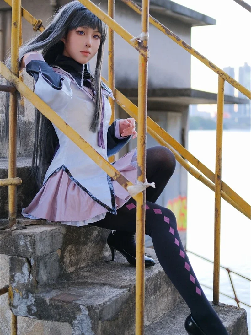 

2025 Хэллоуин аниме Puella Magi Madoka Magica косплей Akemi Homura костюм collants noir violet femmes JK bas filles