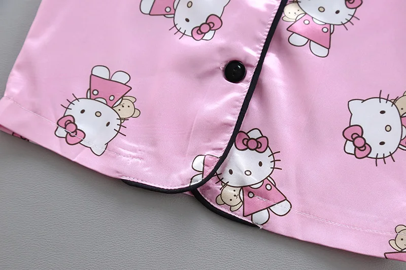 Girls Satin Pajama Set Children Spring Lapel Neck Long Sleeve Sanrio Hello Kitty Print Top+Trousers 2Pcs Kids Minnie Sleepwear