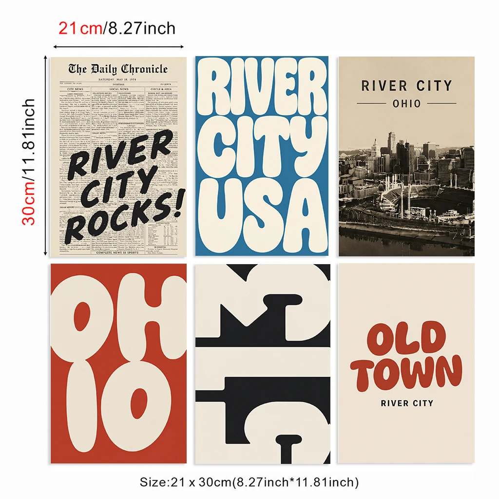 Set of 6 Vintage Retro River Ohio Usa Old Town Newspaper Skyline Typography Vintage Retro City Canvas Poster Wall Art Prints