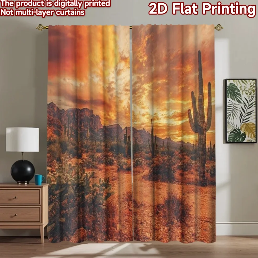 2D flat printing 2pcs Party Curtain Desert Cactus Sunset Arizona Landscape Digital Printed Polyester Drapes All Season Party &