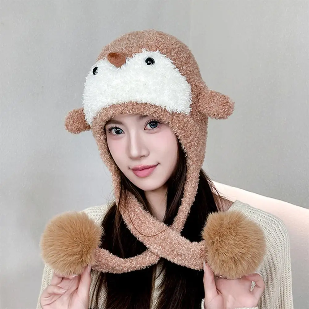 Gorro informal de invierno con pingüino de dibujos animados para mujer, gorro de punto versátil con protección para los oídos, gorro de esquí