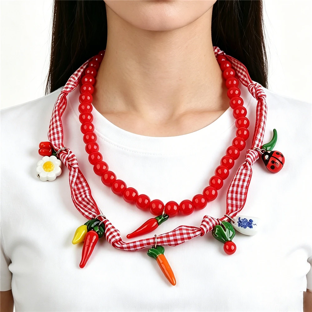 Y2K Ethnic Fashion - Fashion Y2K Red Beaded Choker Necklace
