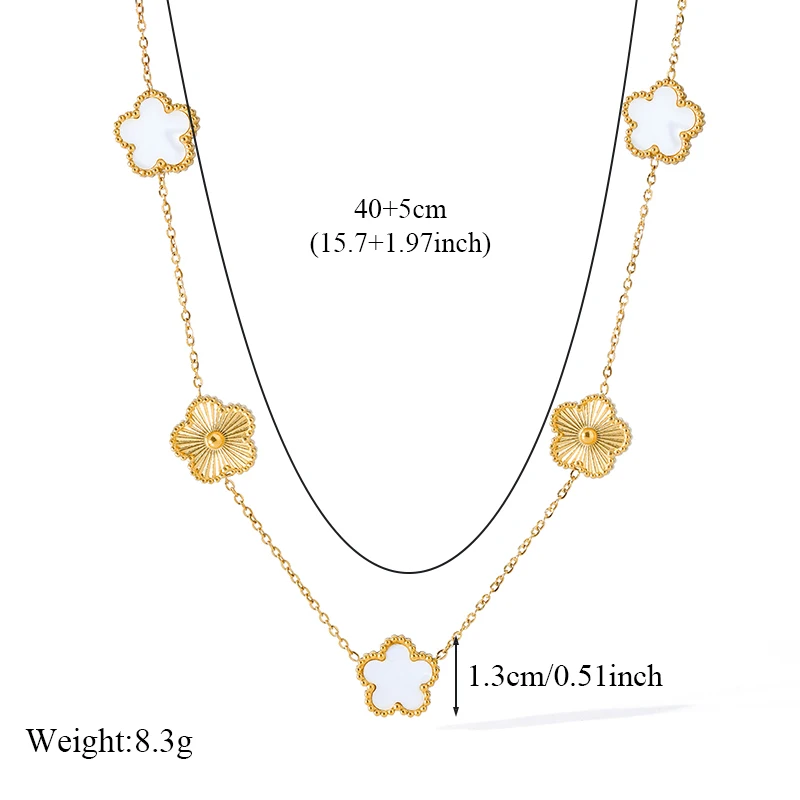 EILIECK 316L Stainless Steel White Five Leaf Flower Pendant Necklace For Women Fashion Two-Sided Clover Neck Chain Jewelry Gift