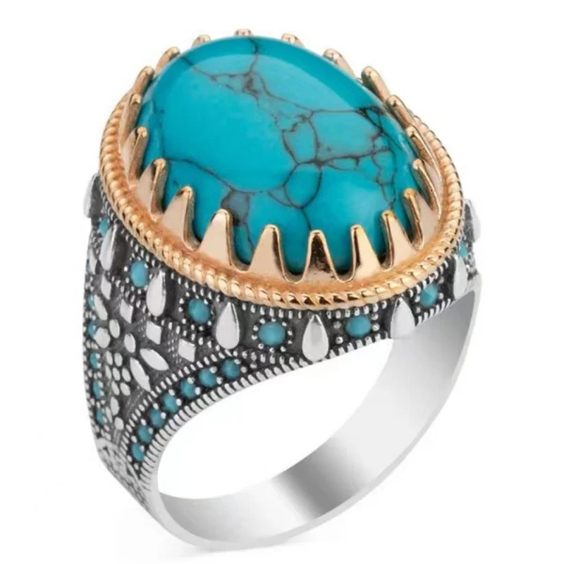 European and American Punk New Retro Men\'s Electroplating Two-color Inlaid Turquoise Ring Punk Style Personality Banquet Ring