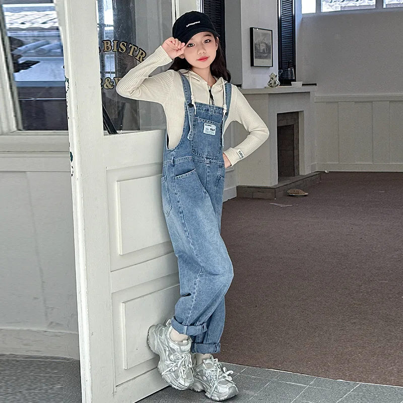 New Kids Denim Overalls for Teenagers Spring Jeans Dungarees Girls Pocket Jumpsuit Children Boys Pants For Age 5 7 9 11 13 Years