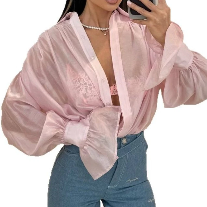 2025 Spring New Sweet Loose Turn Down Collar Lantern Sleeve Long Sleeve Blouse Women Top