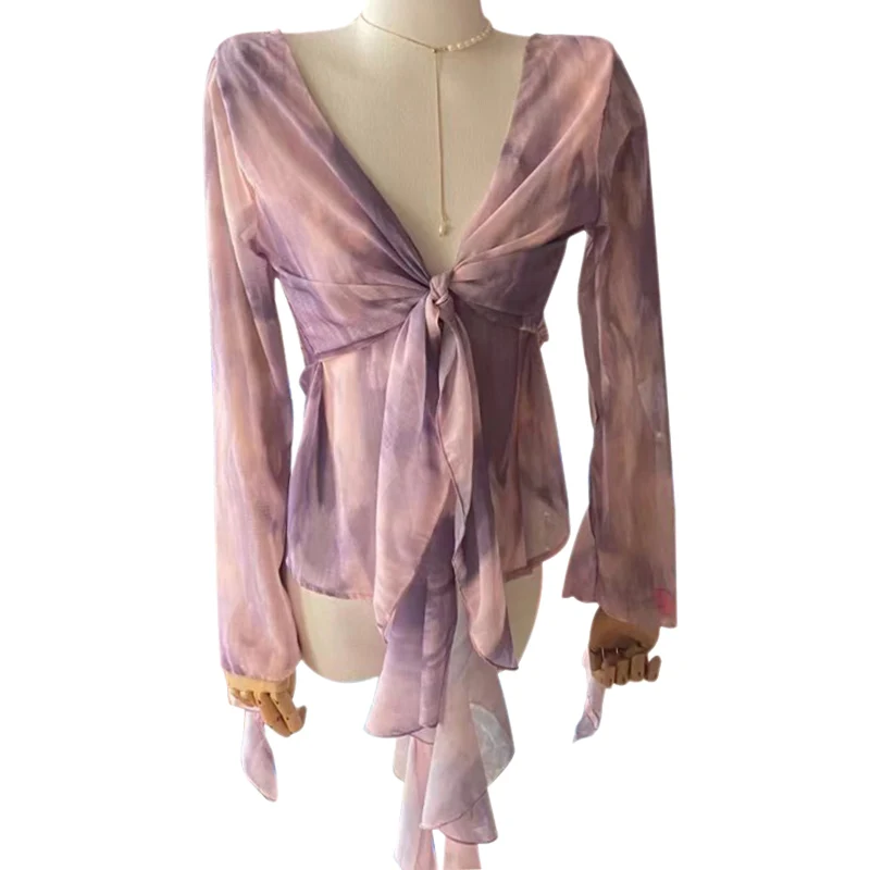 Sexy V-neck Chiffon Shirt Women Long Sleeves Summer Gradient Tie Dyed Ruffle Flare Sleeve Top Blouses Autumn Sexy T-shirts