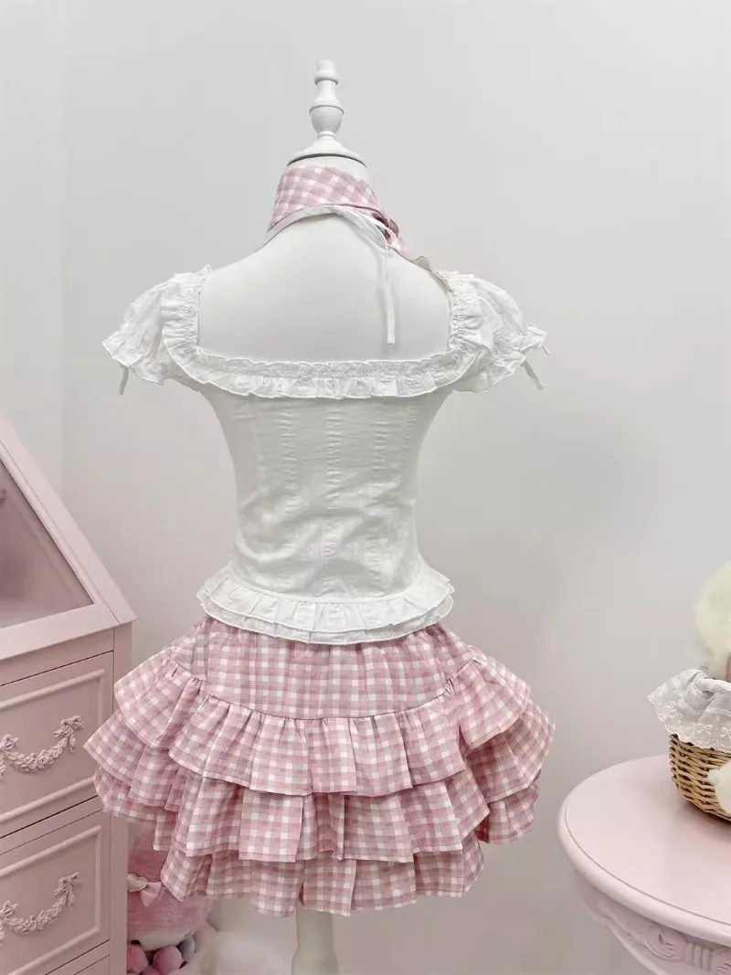 Sweet Soft Girl Bubble Sleeves Neck Splicing Pink Plaid Slim Fit Top Blouse Women's Summer Plaid Fluffy Cake Skirt Set Outfits