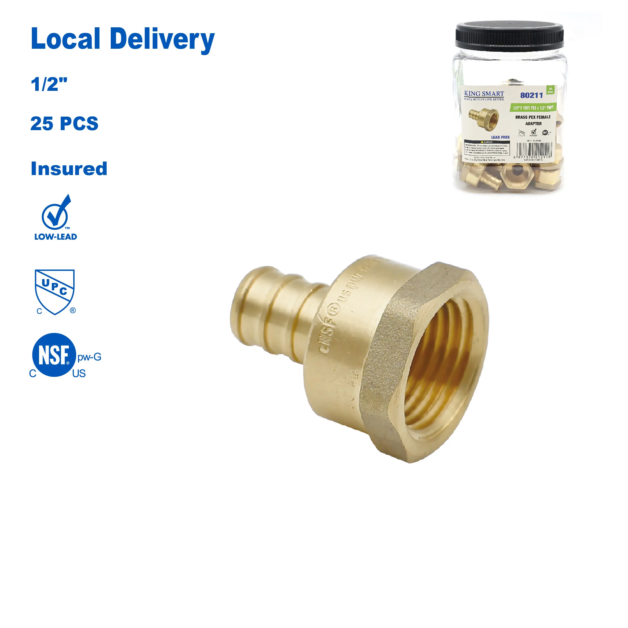 

KING SMART 1/2" F1807 (Crimp) * Female NPT Straight Adapter; Lead Free Brass; 25Pcs/Case; 80211