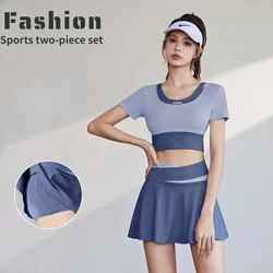 2 Pieces Patchwork Tight Athletic Yoga Set Short Sleeve Crop Top & Faux Two Pieces High Waist Skirt Pants Sport Trousers