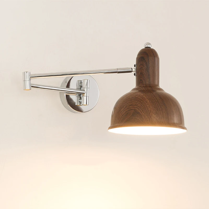 Retractable Walut Color Wall Lamp Nordic Rocker Arm Bedroom Bedside Lamp Living Room Background Wall Lamp Graining Light